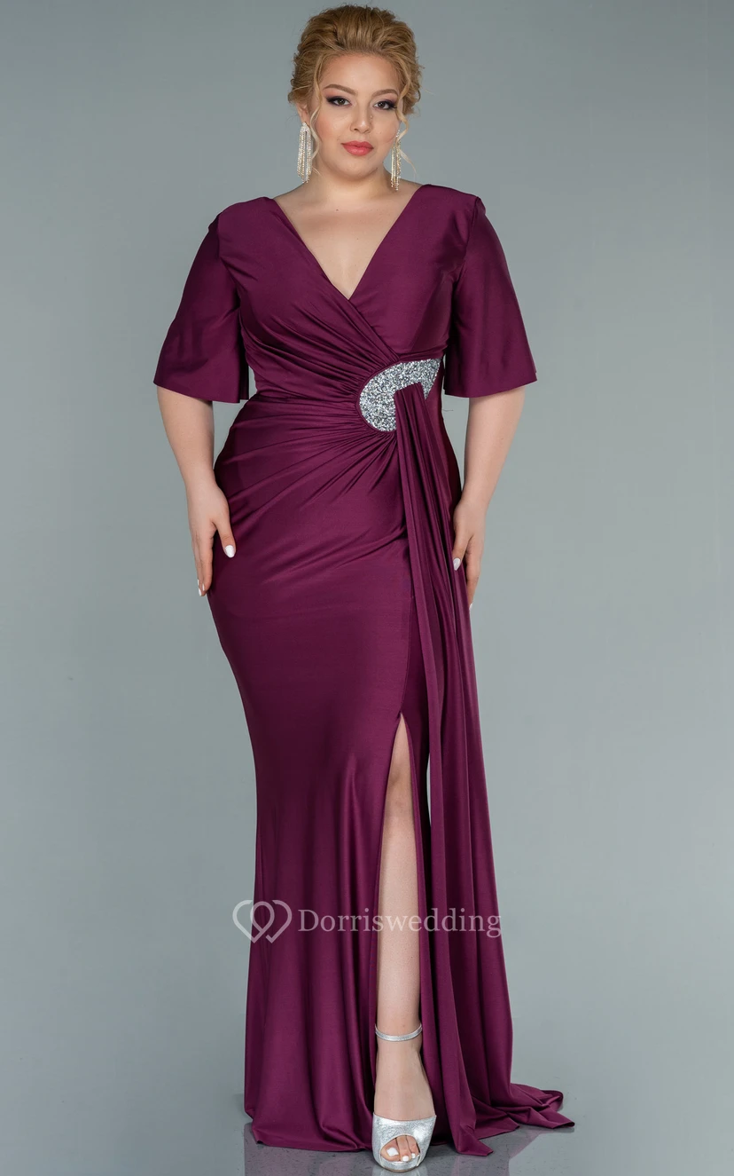 Charming V-neck Half-sleeve Sheath Mermaid Ruched Front Split Plus Size Evening Dress view 9