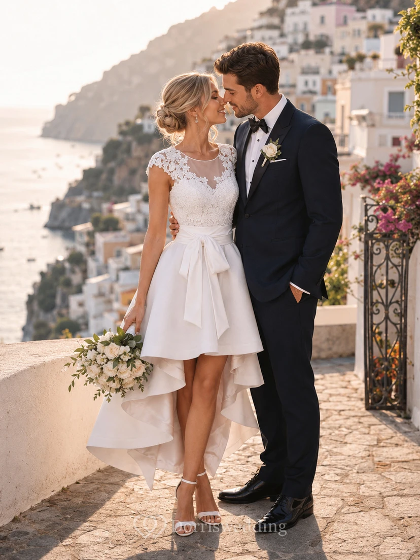 Vestido de novia de satén de corte A cuadrado, manga corta, bajo asimétrico y cremallera en la espalda.
