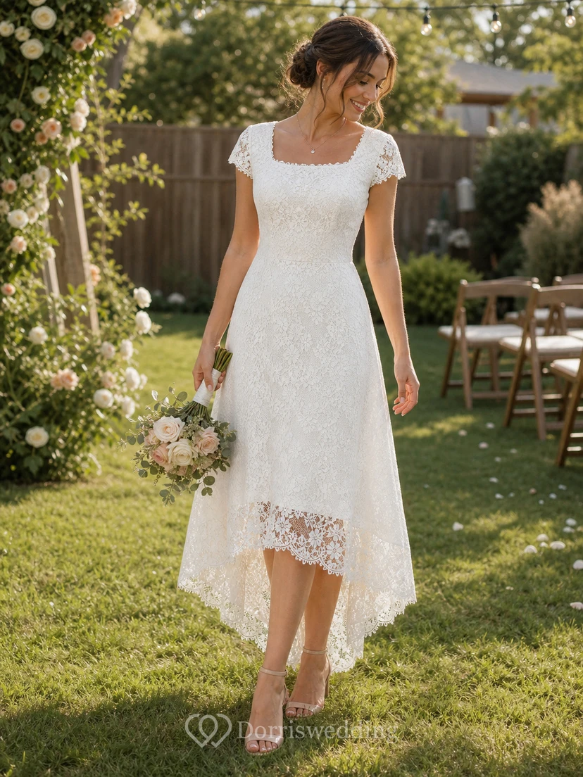 Elegantes Brautkleid aus Spitze mit hohem/tiefem U-Ausschnitt, kurzen Ärmeln und schlichter Eleganz view 8