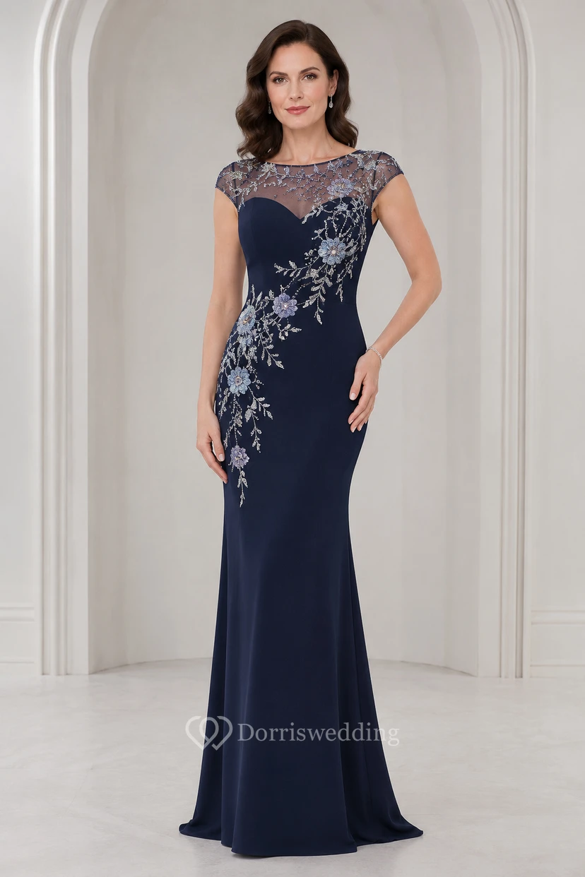 Dark Navy Illusion Cap Sleeve Sheath Mother Dress with Silver Floral Applique