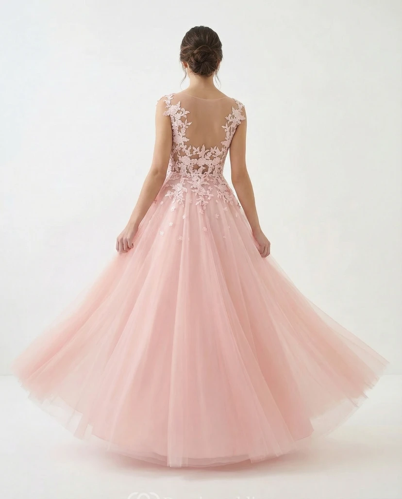 Rosafarbenes Ballkleid mit Spitzenapplikationen, Tüll, A-Linien-Schnitt und transparenten Trägern view 2
