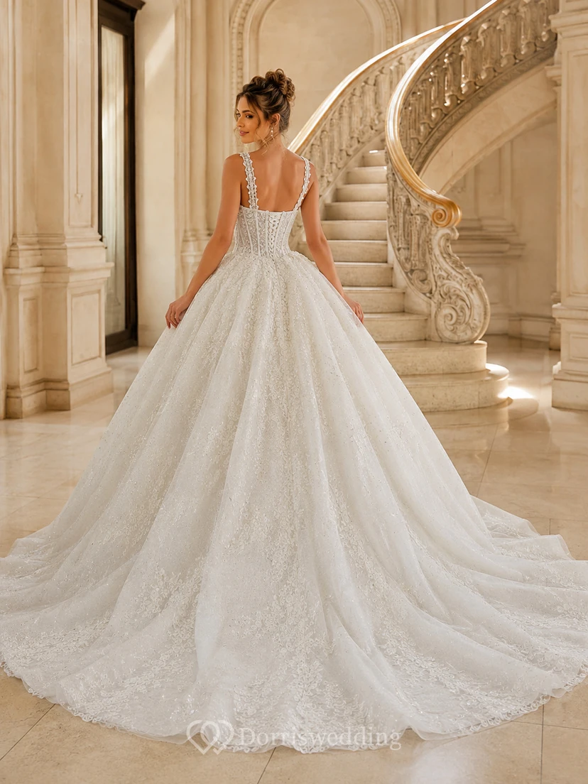 Robe de bal en dentelle florale à encolure carrée et bretelles, robe de mariée de luxe avec traîne chapelle view 2