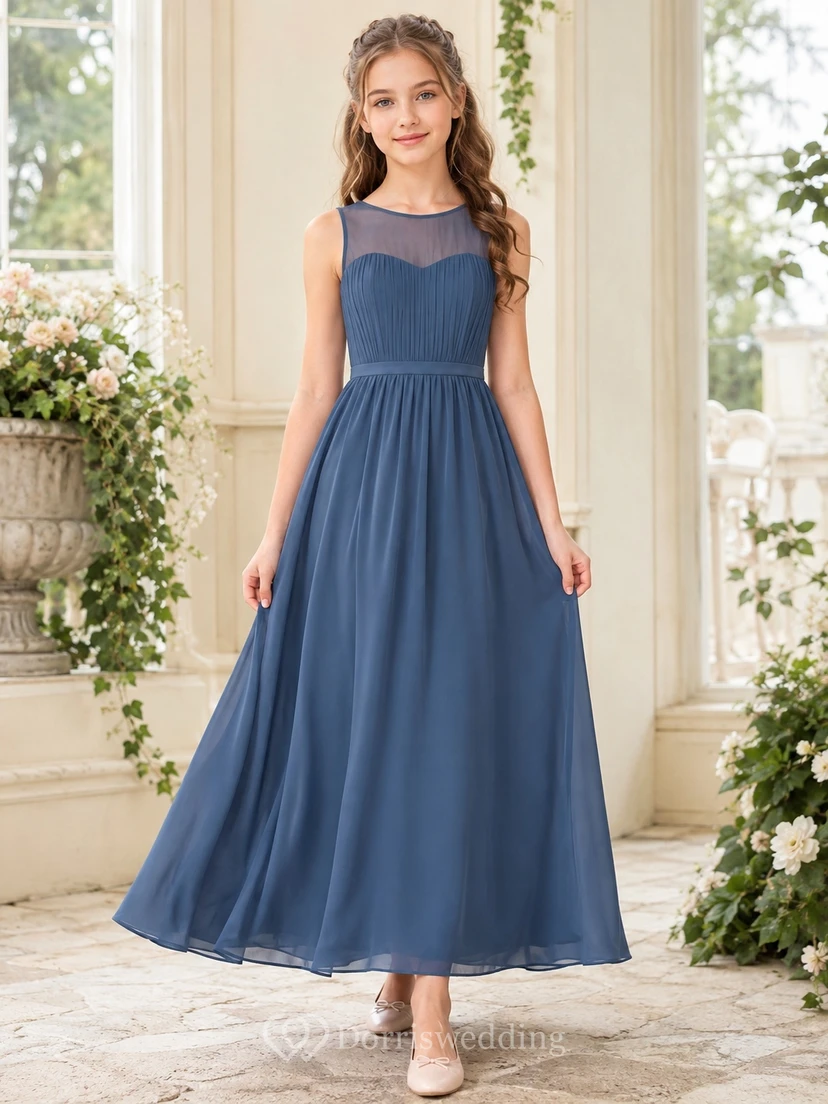 Stahlblaues Brautjungfernkleid für junge Damen, A-Linie, bodenlang, ärmellos, mit Illusionspasse, romantisch