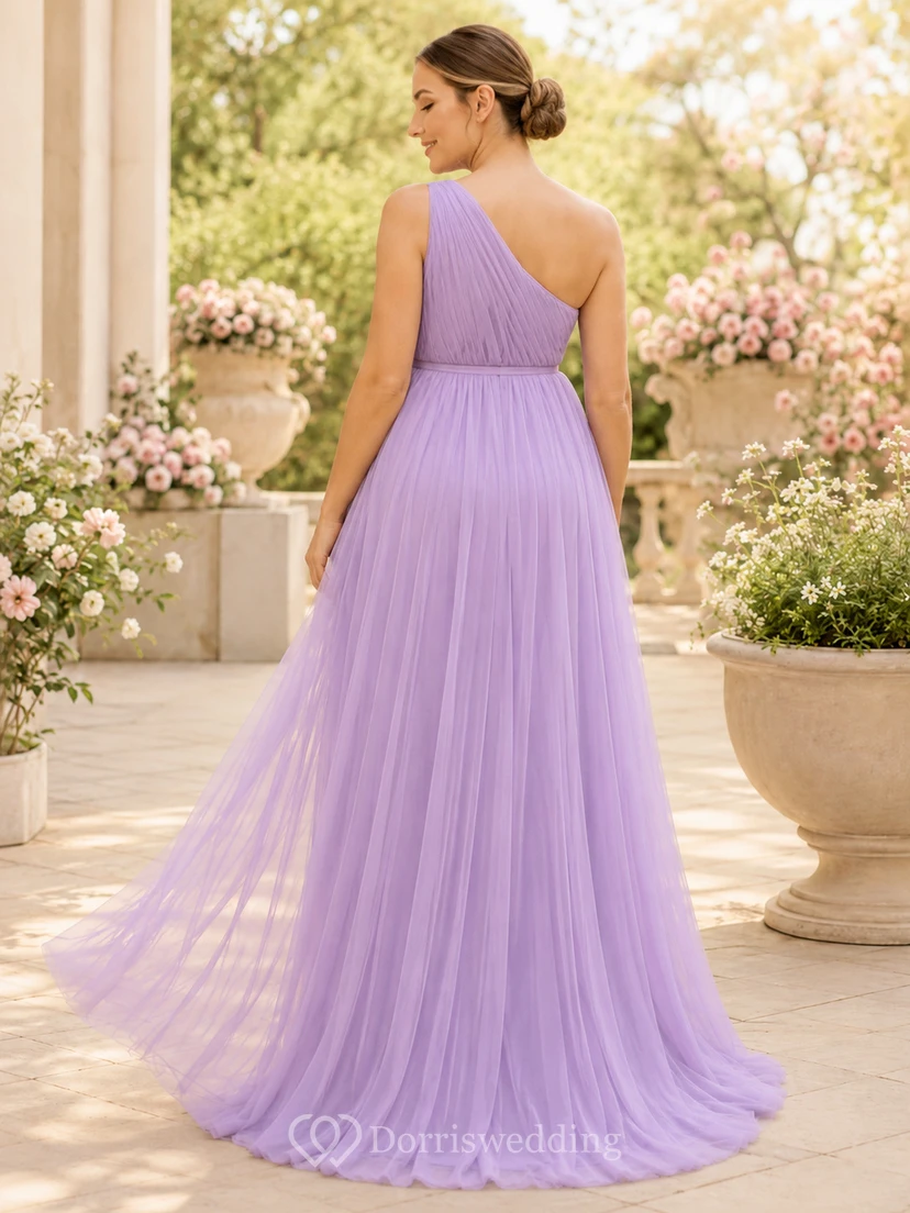 Robe de maternité lavande à une épaule, plissée, en mousseline, longueur empire view 2