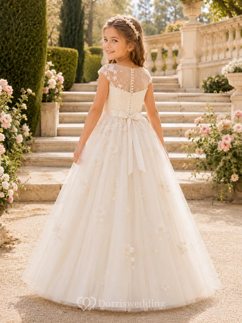 Robe de demoiselle d'honneur en tulle et dentelle à manches courtes view 2
