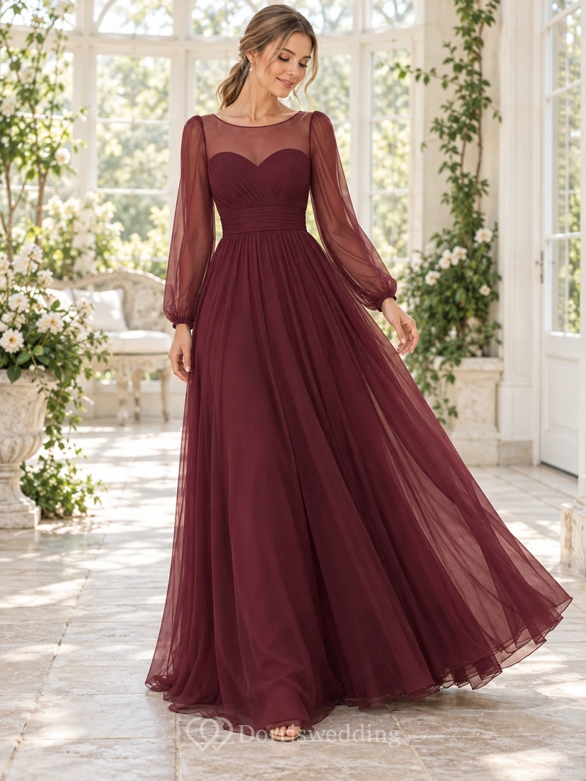 Vestido de dama de honor largo hasta el suelo, color burdeos, con escote corazón ilusión, tul fruncido y corte en A.