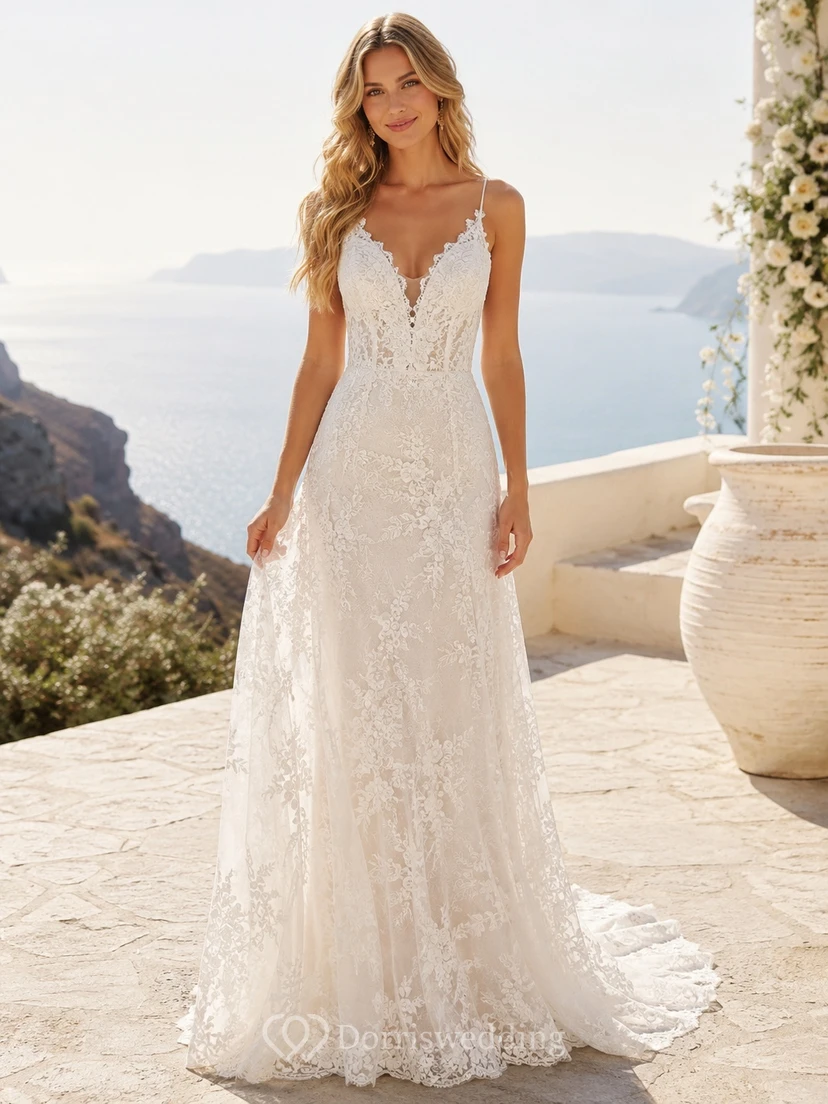 Lace A Line V Neck Floral Applique Sweep Bohemian Elopement Wedding Dress