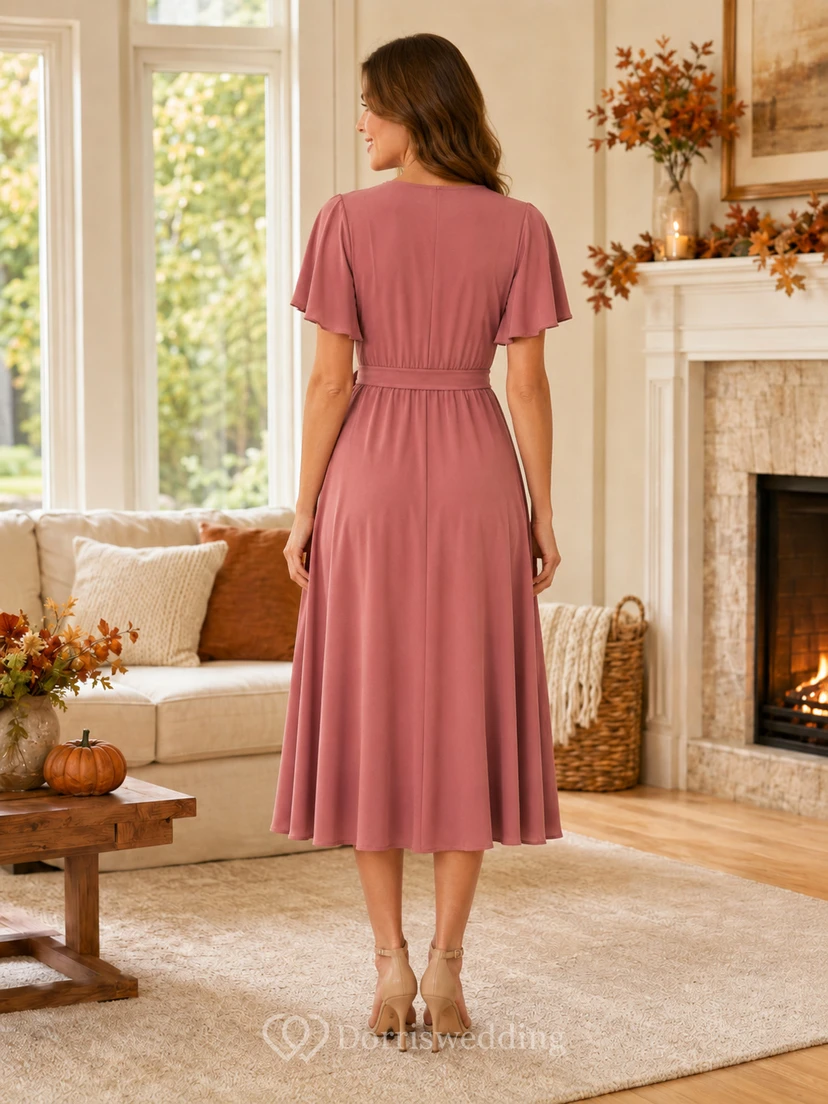 Dusty Rose Flutter Sleeve Wrap Midi Family Party Dress view 2