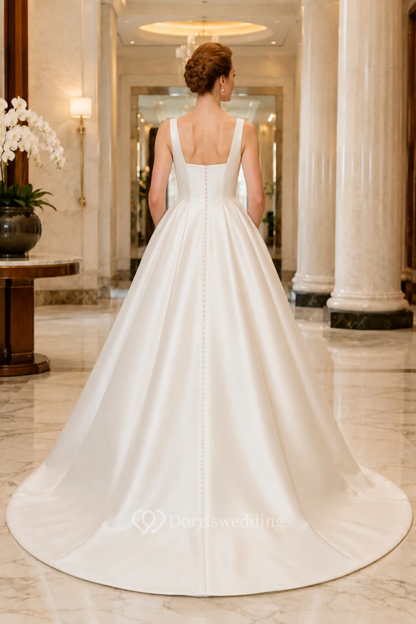 Satin Wedding Dress Ball Gown Square Neck Sleeveless Sweep Train Bridal Gown view 2