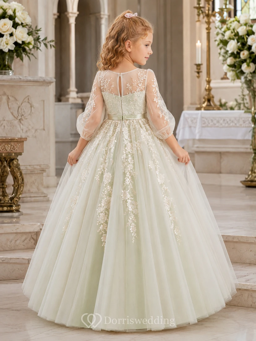 A-Line Flowergirl Lace Tulle Floor-Length Long Sleeve Sage Church Wedding Dress with Floral Appliques view 2