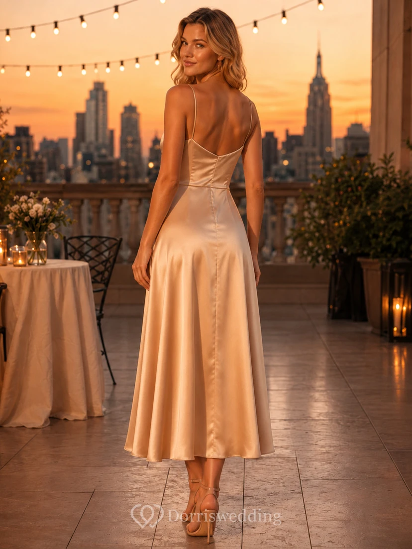 Champagnerfarbenes Satin-Midikleid mit Wasserfallausschnitt, Cocktailkleid für Gäste view 2