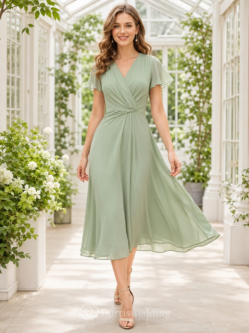 Salbeifarbenes Chiffon-Kleid in A-Linie, Teelänge, Wickeloptik, V-Ausschnitt, flatternde Ärmel