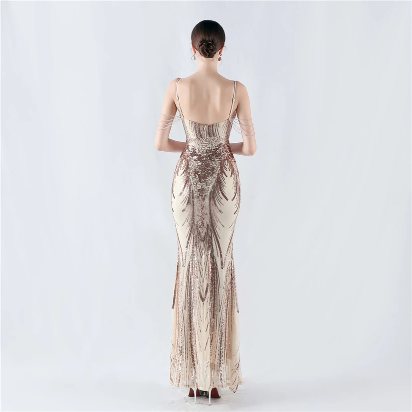 Waist-Reduced Fishbone Shaping Positioning Flower Sequined Anchor Sexy Beaded Suspender Evening Dress view 16