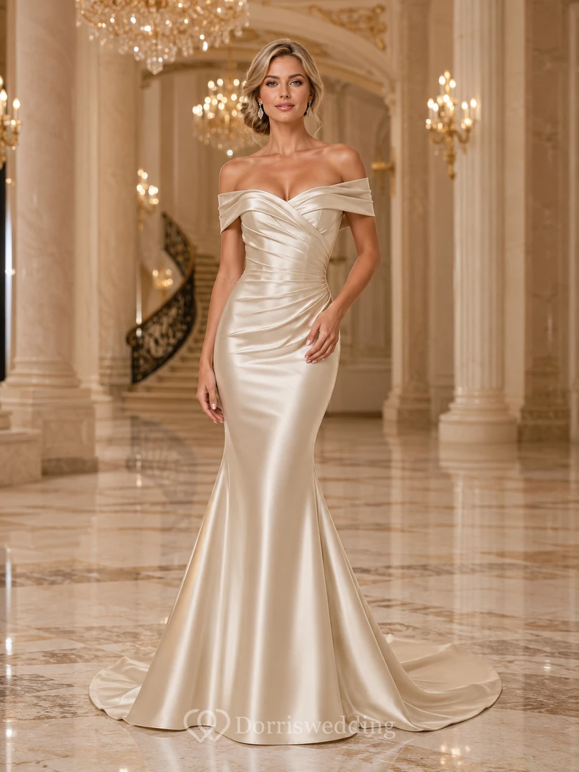 Champagne off shoulder satin mermaid black tie gown