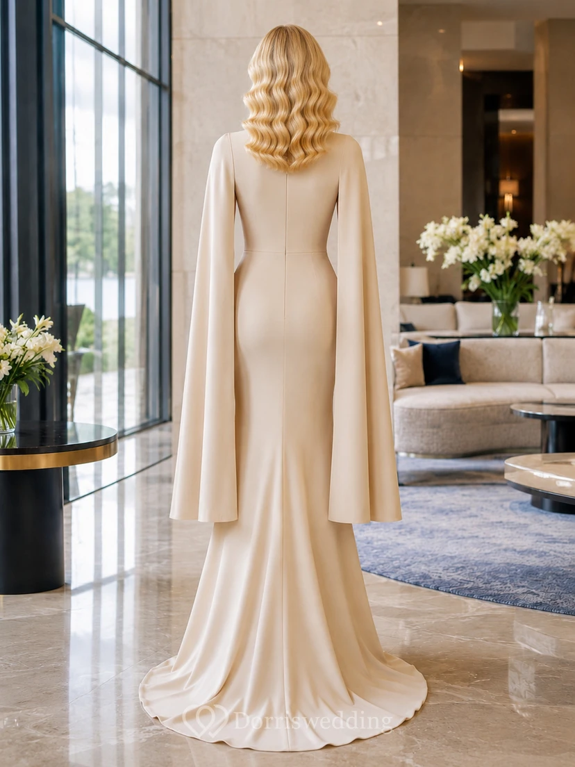 Champagne Sweetheart Cape Sleeve Mermaid Floor Length Gown view 2