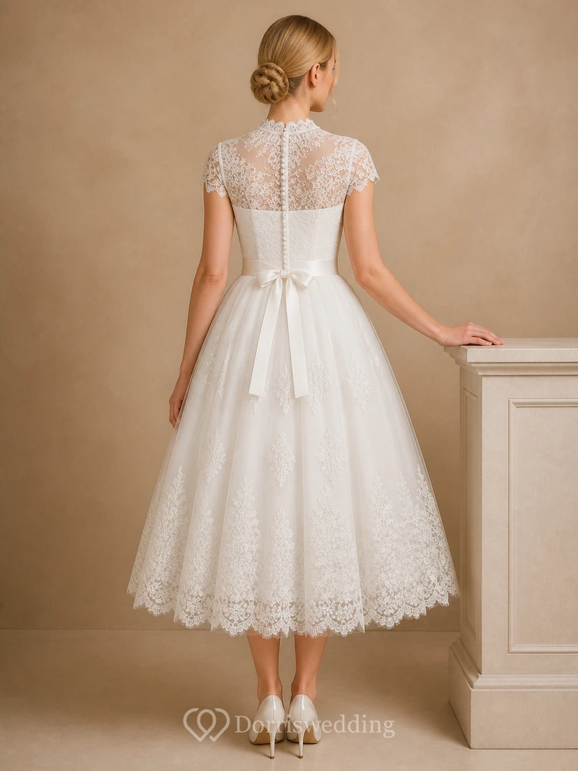 Vestido de novia vintage de corte A con cuello alto y largo hasta la rodilla, estilo juzgado. view 2