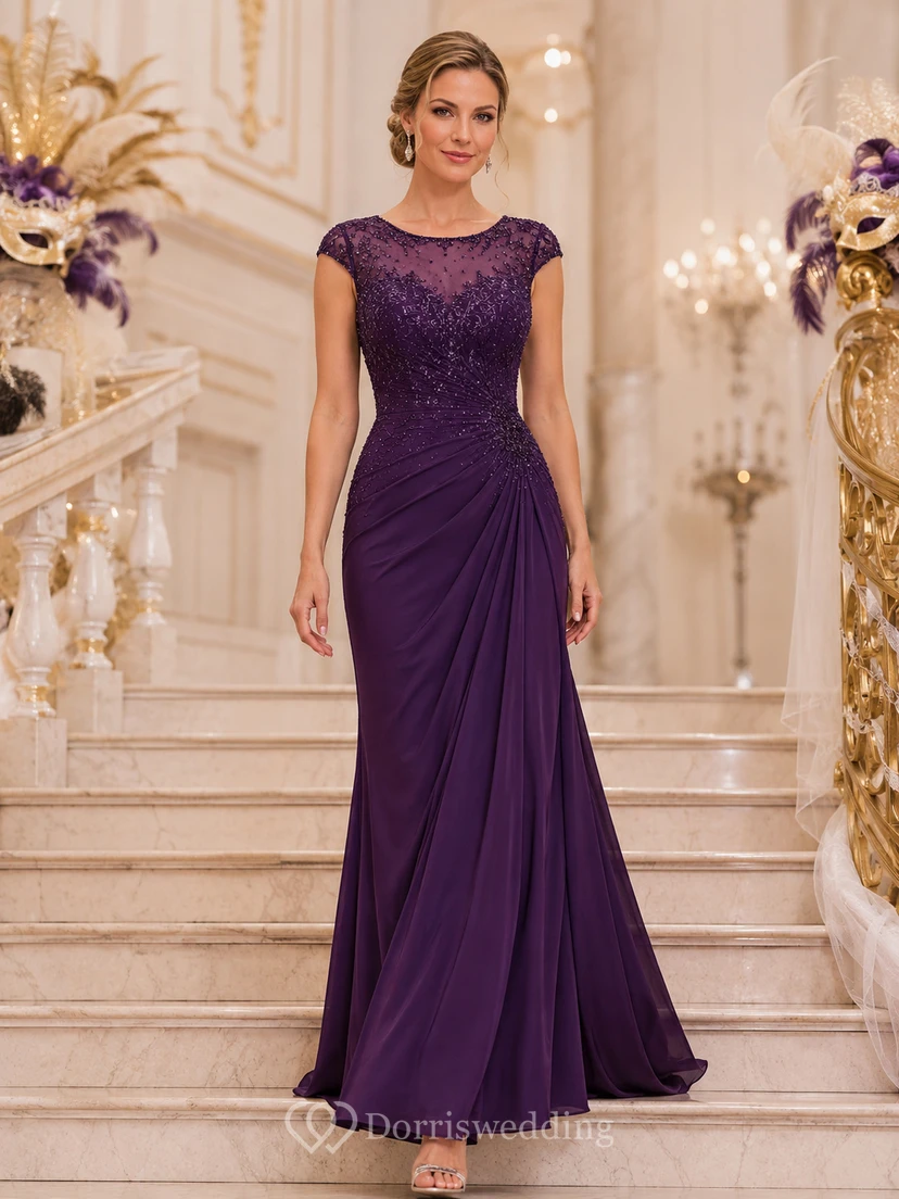Vestido largo de noche de sirena con encaje ilusión y mangas cortas, estilo barcoau color ciruela.