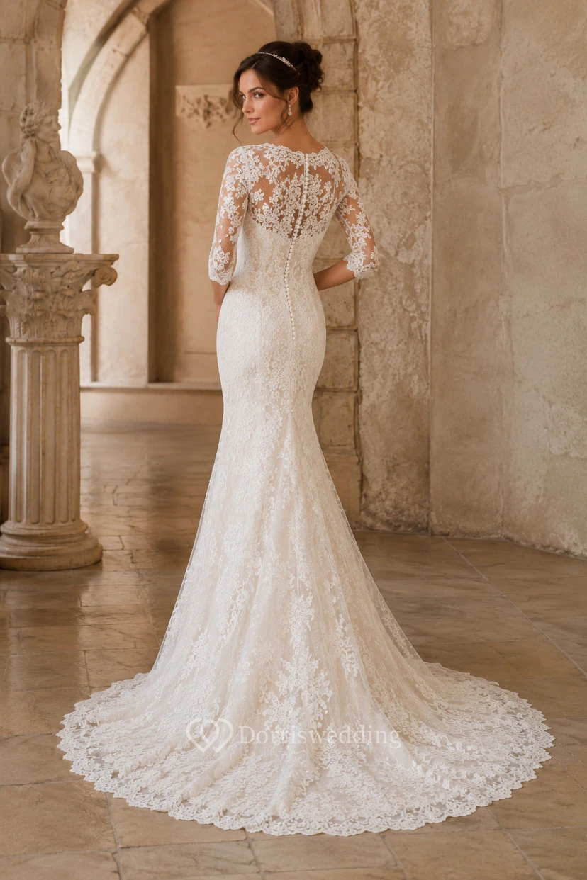 Robe de mariée sirène en dentelle à col en V, manches trois-quarts et traîne. view 2