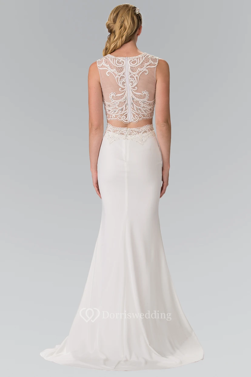 Two-Piece Sheath Scoop-Neck Sleeveless Jersey Illusion Dress With Split Front And Beading view 2