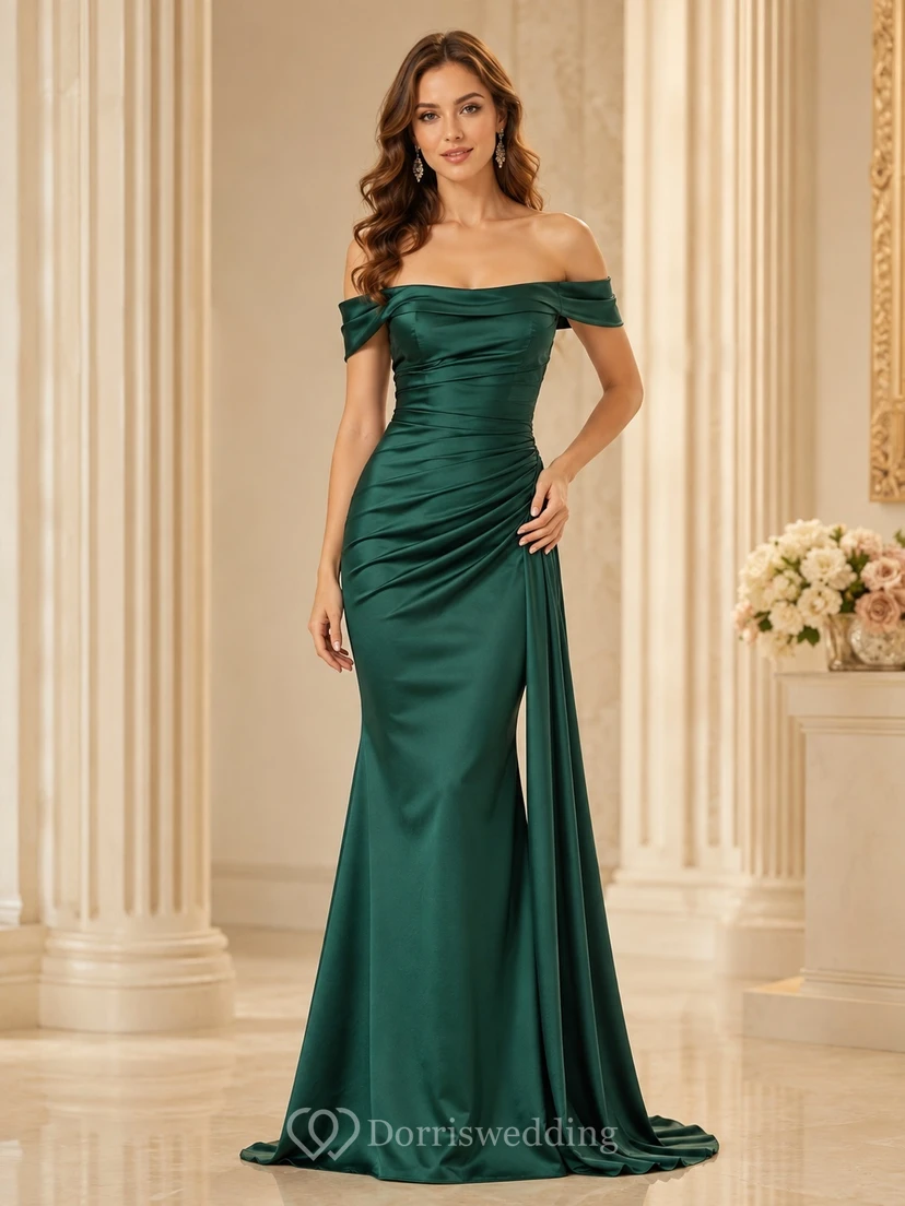 Emerald Off Shoulder Ruched Satin Mermaid Floor Length Formal Evening Gown
