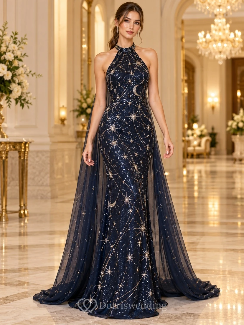 Dark Navy Celestial Halter Beaded Cape Back Evening Gown