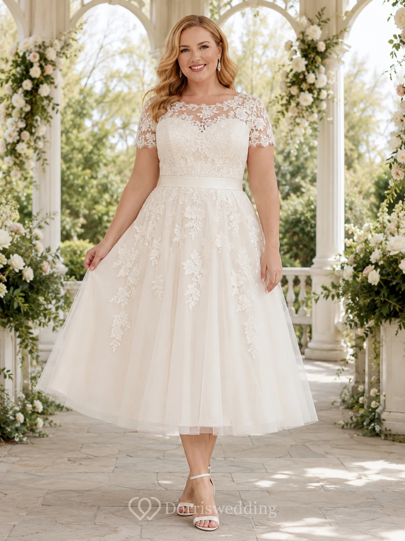 Vestido de novia vintage modesto de encaje, largo hasta la rodilla, con mangas cortas y escote barco, talla grande