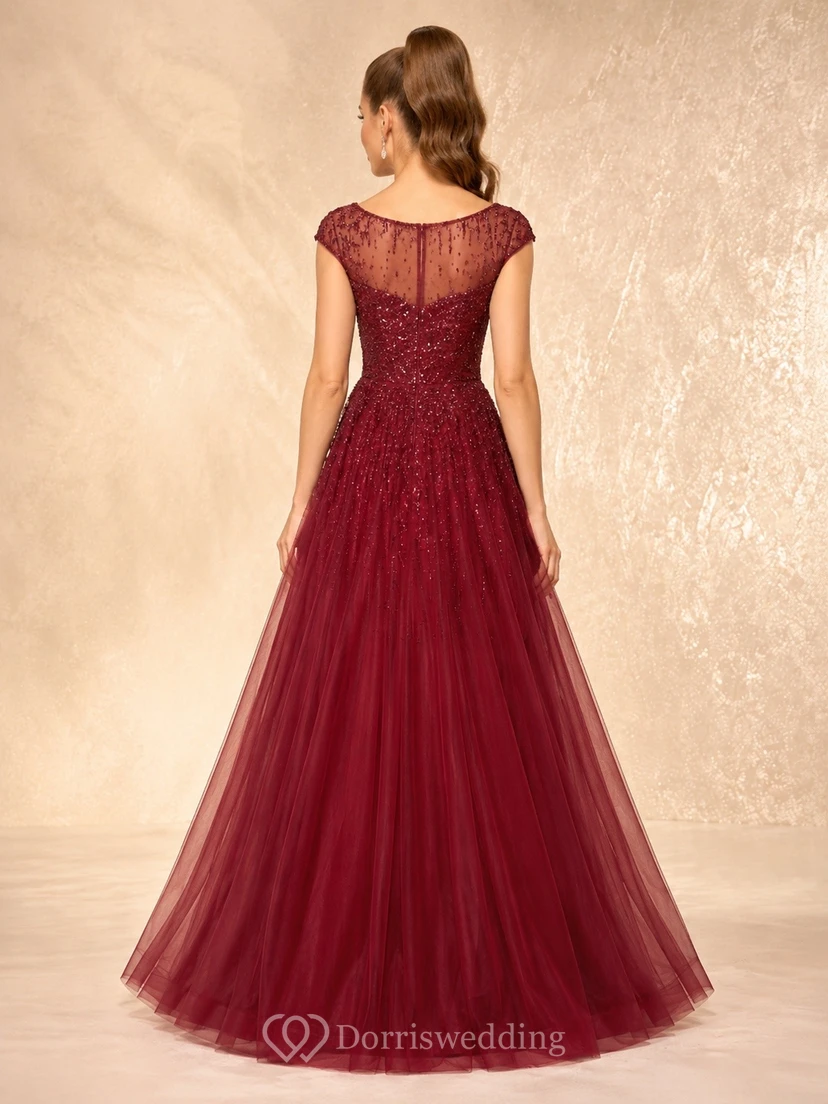 Burgundy Lace Tulle Square Neck Short Sleeve Ball Gown Formal Dress view 2