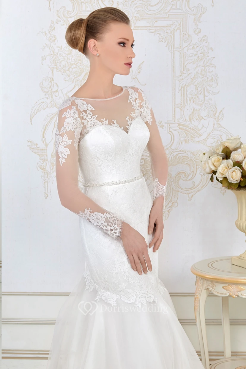 Mermaid Long-Sleeve Jewel-Neck Appliqued Floor-Length Lace&Satin Wedding Dress With Waist Jewellery view 4
