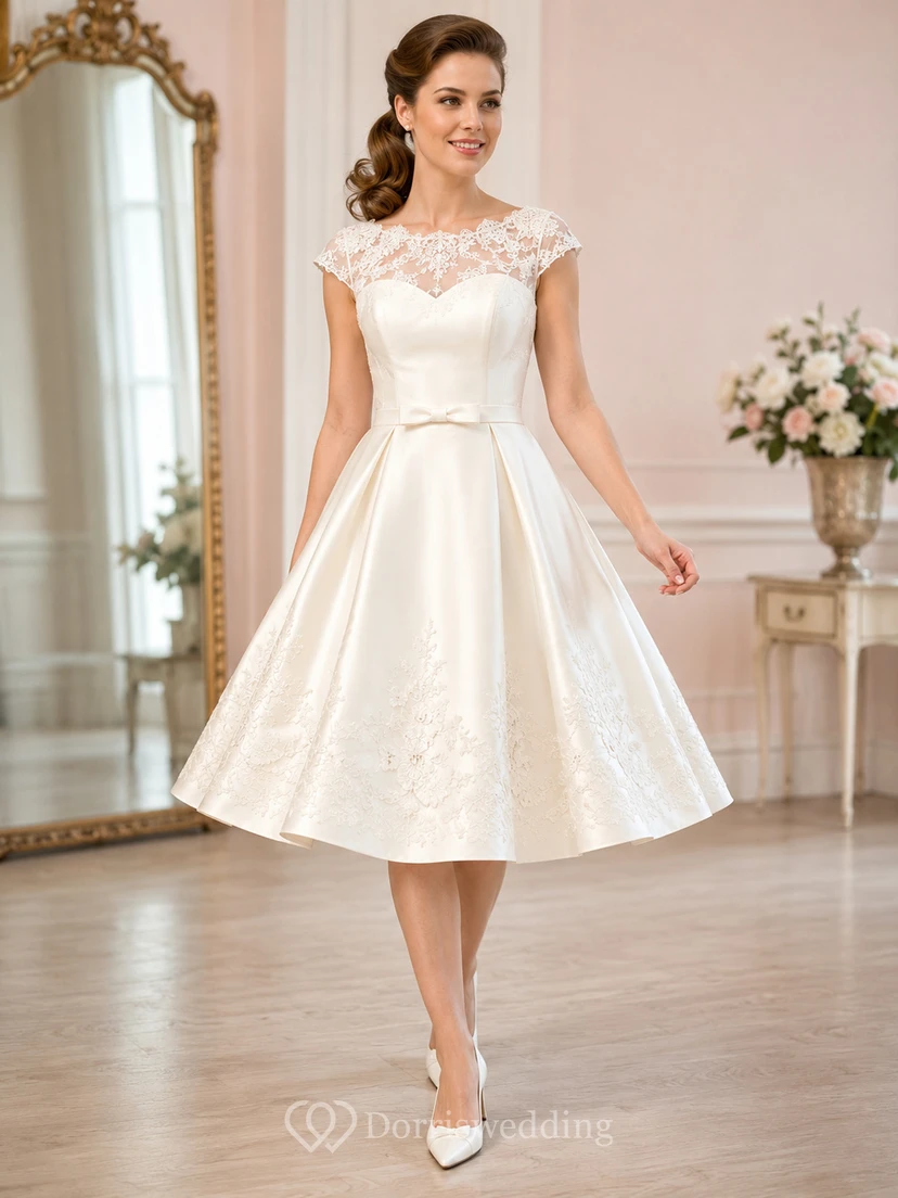 Vintage 1950s Bateau Cap Illusion Lace Satin A-Line Tea Wedding Dress