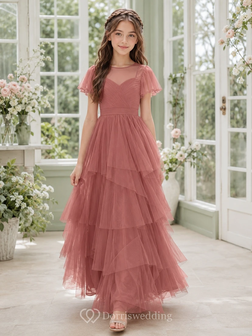 Elegantes braunes Tüllkleid mit Glockenärmeln, herzförmigem Ausschnitt und A-Linien-Schnitt, bodenlang, für junge Brautjungfern