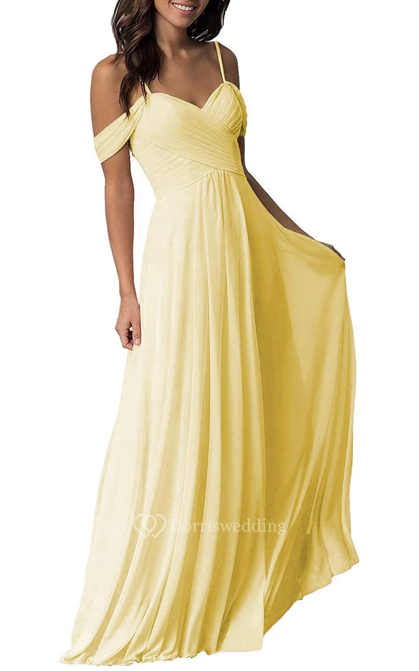 Off-the-shoulder A Line Sleeveless Floor-length Chiffon Bridesmaid Dress With Ruching view 11