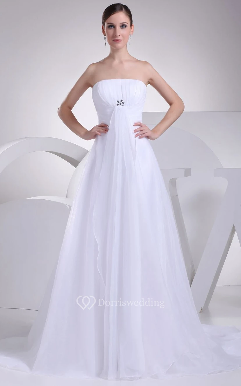 Vestido de hadas sin tirantes de corte A fruncido con superposición de pedrería y tul.