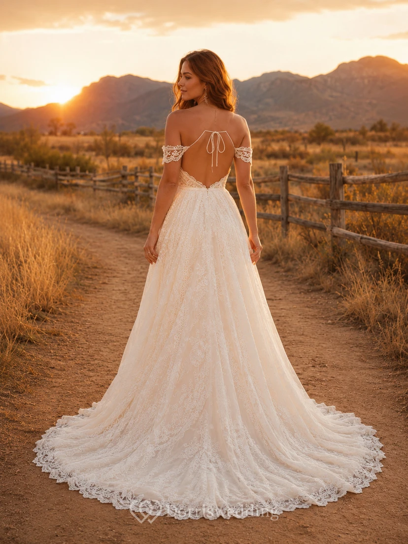 Vestido de novia de tul y encaje campestre, corte en A, hombros descubiertos, manga corta, cola de capilla, espalda baja en V. view 2