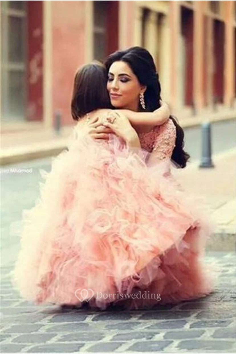 Long Sleeve Pink Lace Mermaid Wedding Dress With Ruffles Mother and Daughter Dress view 2