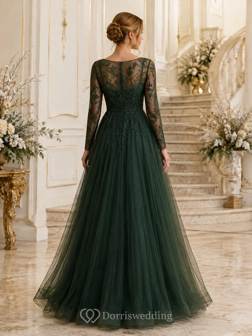 Dark Green Long Sleeve Illusion Lace Floor-Length Tulle Ball Gown Dress view 2