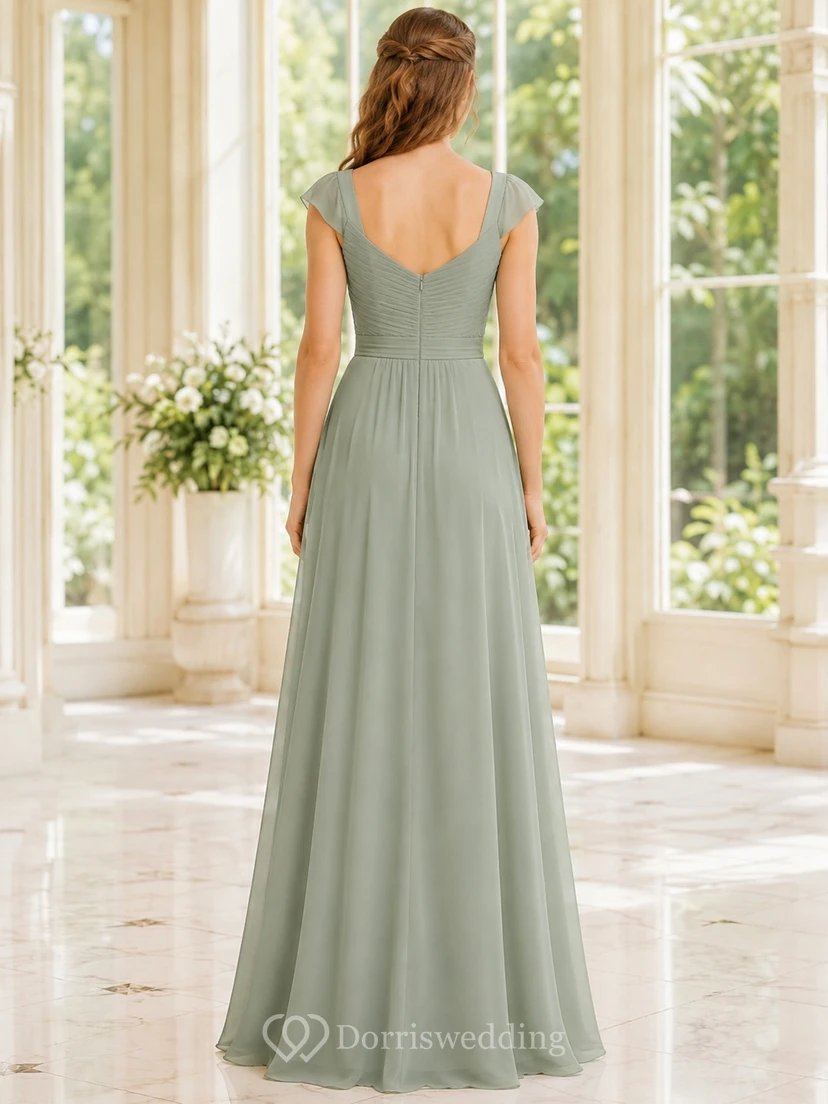 Celadonfarbenes Brautjungfernkleid für junge Damen, A-Linie, V-Ausschnitt, kurze Ärmel, plissiert view 2