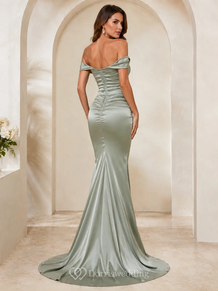 Silver Sage Satin Mermaid Off-Shoulder Short Sleeve Sweep Train Dress view 2