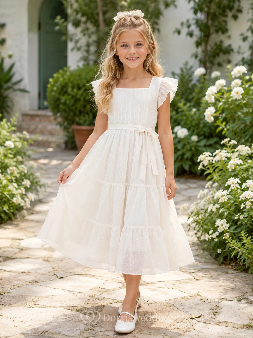 Flower Girl Dress A-Line Cream Lightweight Breathable Chiffon Tiered Sleeve