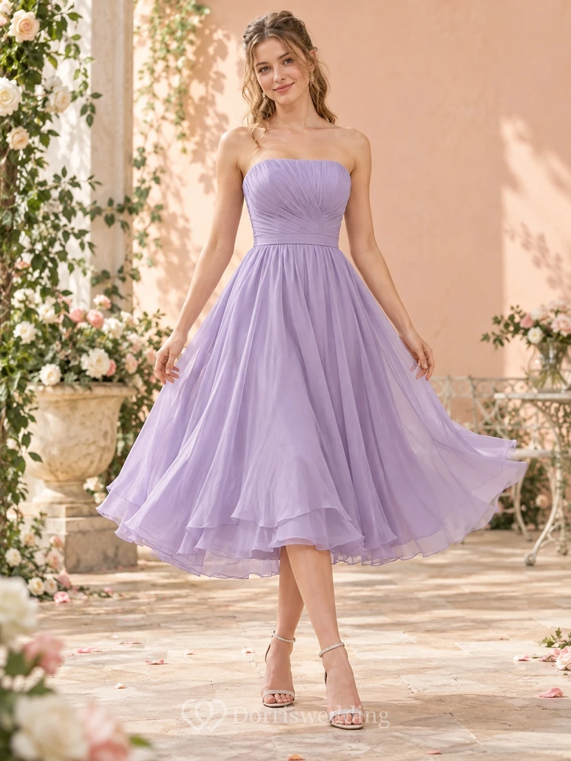 Vintage Teelanges lavendelfarbenes trägerloses Chiffon-Abendkleid mit gerafftem Oberteil und fließendem Schnitt