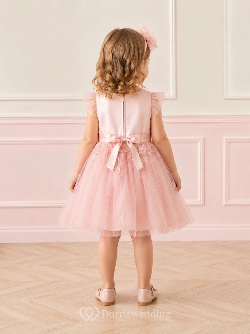 Adorable Blushing Pink Tulle Jewel Neck Cap Sleeve Floral Bow A-Line Flowergirl Dress view 2