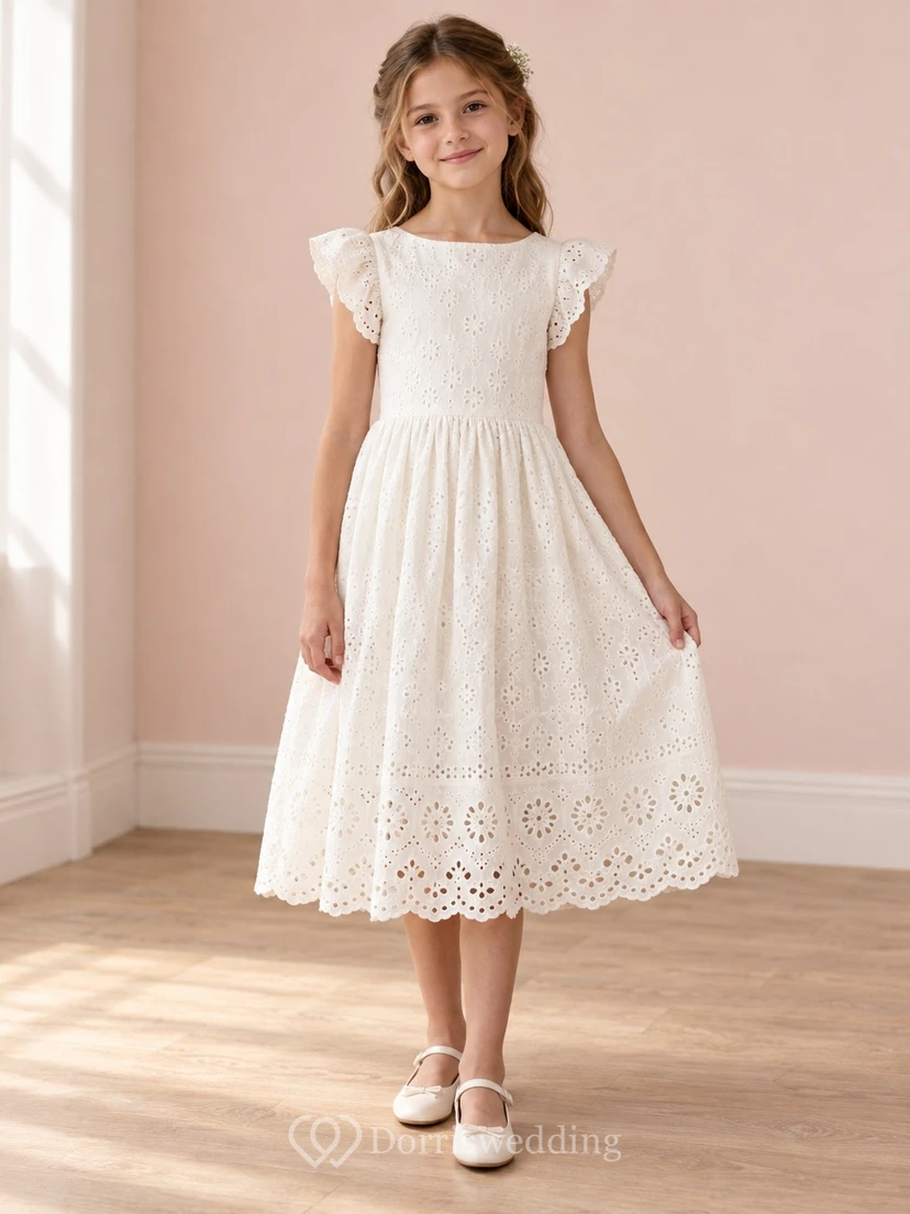 Vintage Tea-length Ivory Jewel Neck Flutter Sleeve Eyelet Cotton Flower Girl Dress