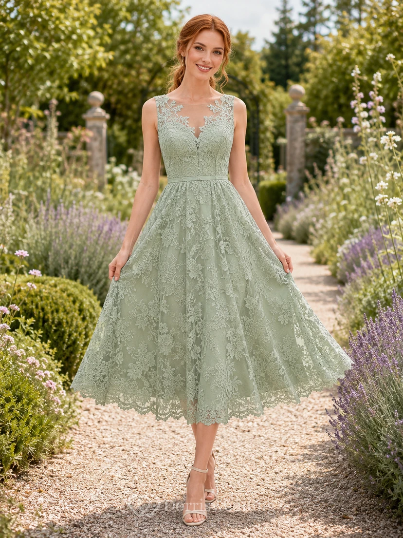Sage green sleeveless lace tea length A-line garden guest dress