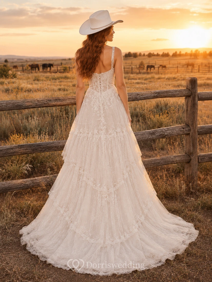 Robe de mariée trapèze en tulle à volants style western rustique avec bretelles view 2