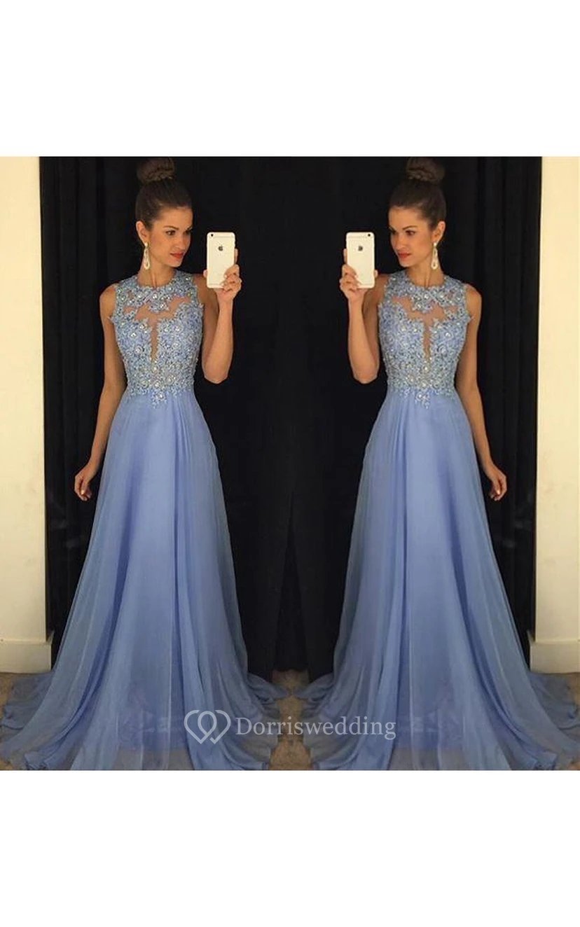 Beautiful Lace Appliques Sleeveless Prom Dress Long Chiffon Party Gowns view 2