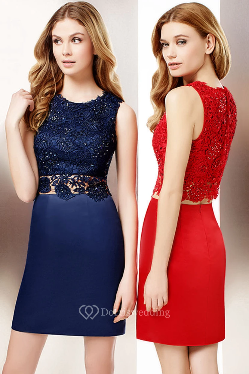 Pencil Short Beaded Sleeveless Scoop Neck Satin Cocktail Dress With Appliques