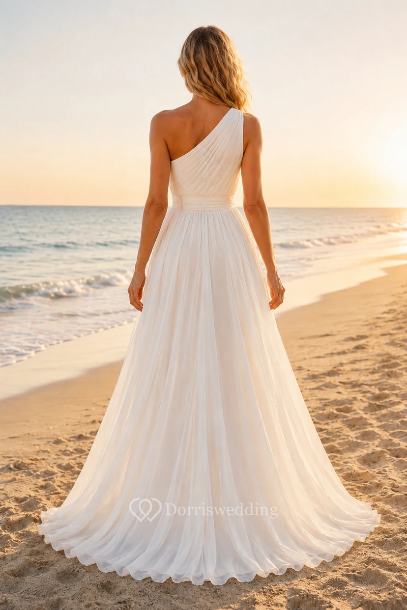 One-Shoulder A-Line Beach Wedding Dress with Split view 2