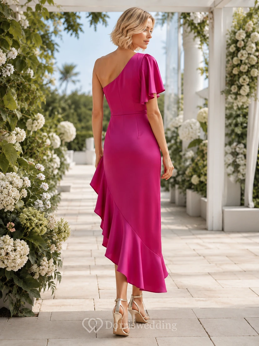 Fuchsia One Shoulder Flutter Sleeve Ruffle Midi Guest Dress view 2