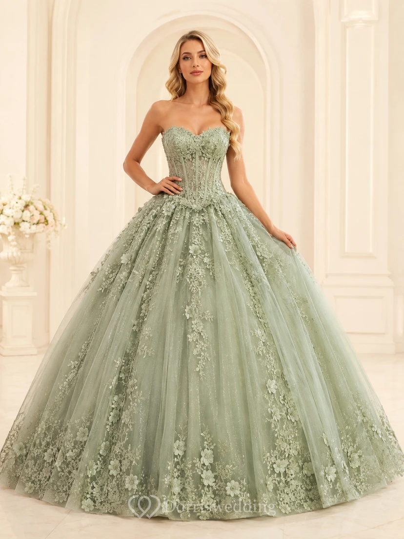 celadon Green Luxury Strapless Sweetheart Floral Lace Applique Princess Quinceanera Ball Gown