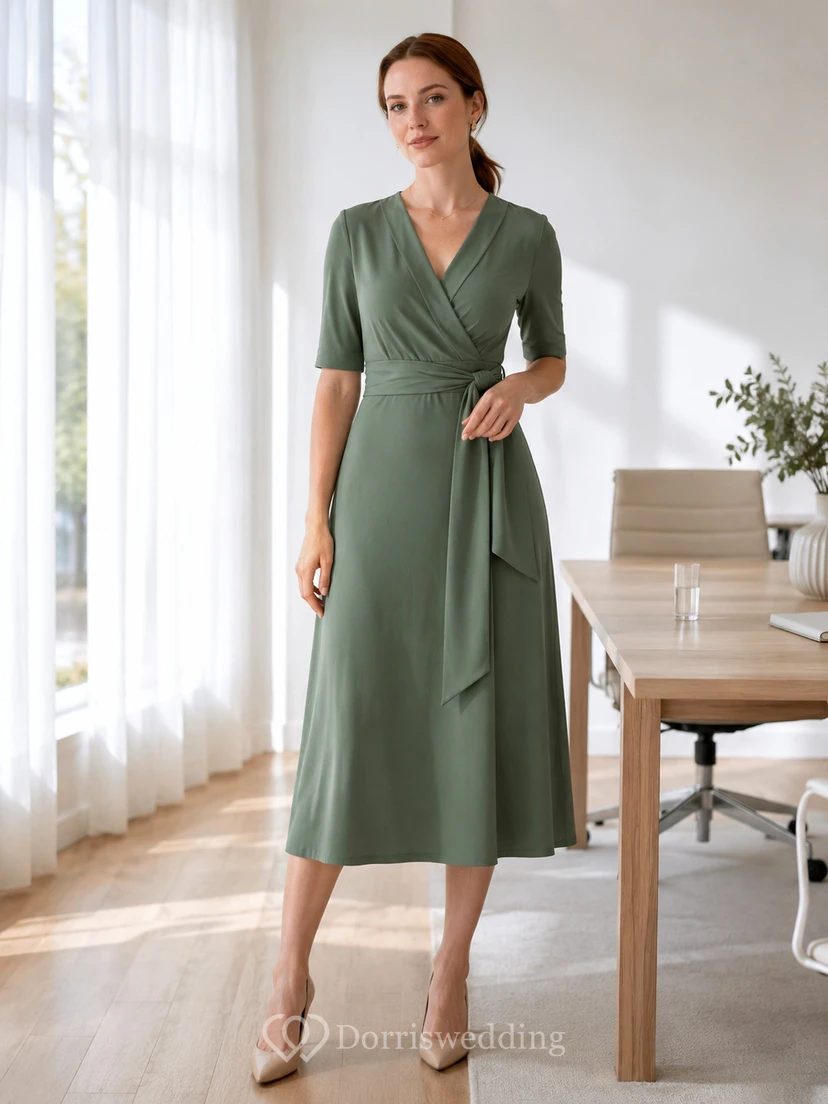 Muted green half sleeve V-neck wrap A-line office dress