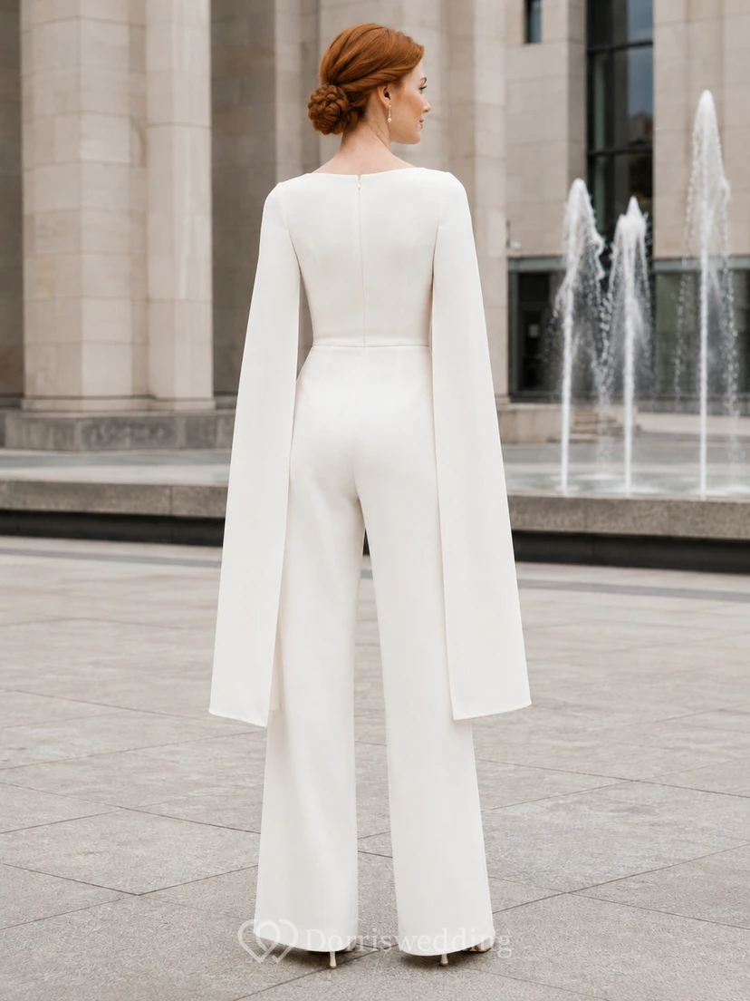Courthouse Bridal Bateau Neck Cape Jumpsuit Wedding Dress view 2